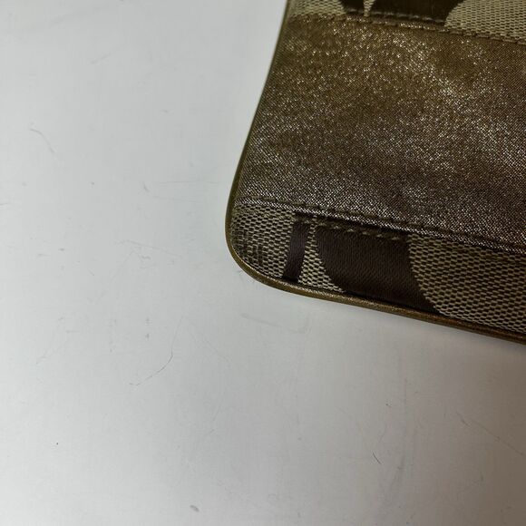Coach Tan Brown Signature Canvas Champagne Gold Stripe Small Crossbody Bag - Picture 3 of 13